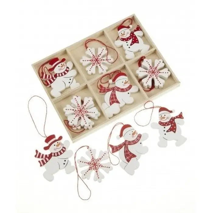 Set Of Hanging Snowflake & Snowman Decorations, 6cm