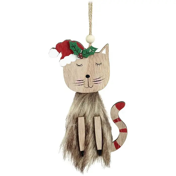 Hanging Wooden Christmas Cat, 13cm