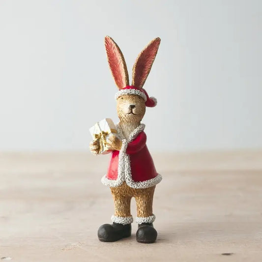 Standing Santa Rabbit With Present, 15cm