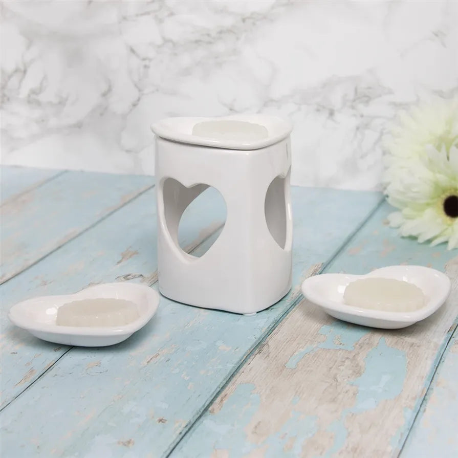 Ceramic Wax Melter Heart Set - White